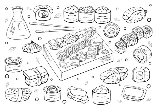 Το σετ του σούσι που έχει σχεδιαστεί σε λευκό φόντο. Σούσι και ρολά — Διανυσματικό Αρχείο