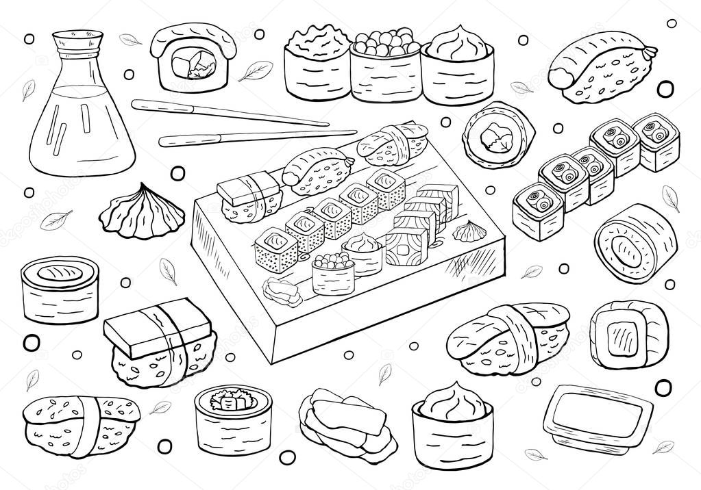 Set of hand drawn sushi set on white background. Sushi and rolls