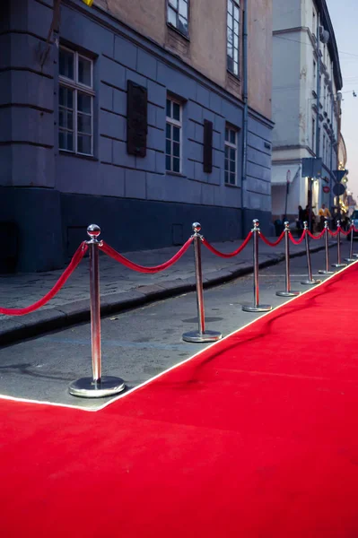 长长的红地毯 绳子壁垒对入口之间 — 图库照片