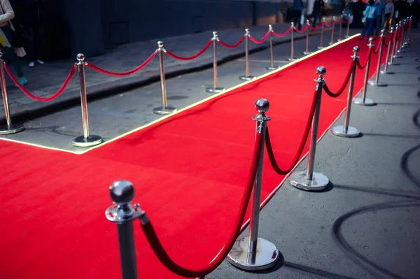 Long Red Carpet Rope Barriers Entrance — Stock Photo, Image