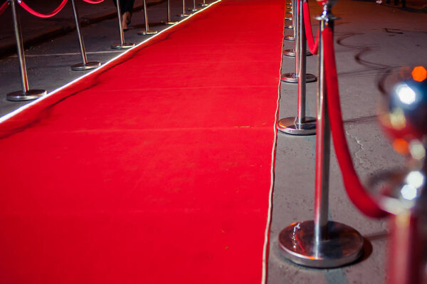 Long red carpet between rope barriers on entrance.