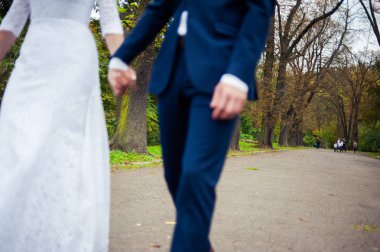 Gelin ve damat parkta yürüyor.