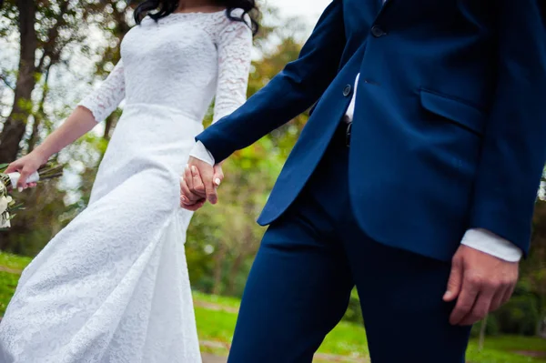 Bride Groom Holding Hands His Wedding Day — Stock Photo, Image