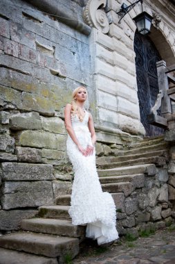 Güzel eski castle yakınındaki şehvetli gelin portresi