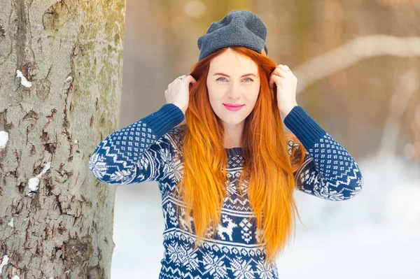 Schöne Schwangere Frau Winterwald — Stockfoto