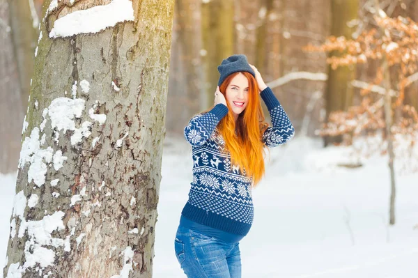 Hermosa Mujer Embarazada Bosque Invierno —  Fotos de Stock