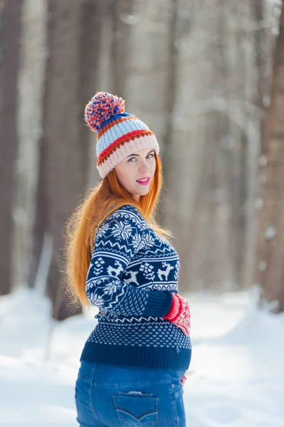 Schöne Schwangere Frau Winterwald — Stockfoto