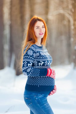 Güzel hamile kadın kış ormanında