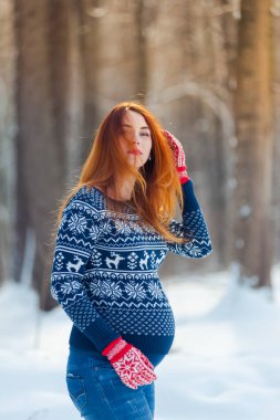Güzel hamile kadın kış ormanında