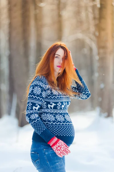 Piękna Ciężarna Kobieta Zimowym Lesie — Zdjęcie stockowe