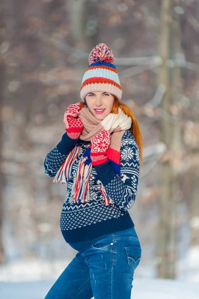 Güzel hamile kadın kış ormanında