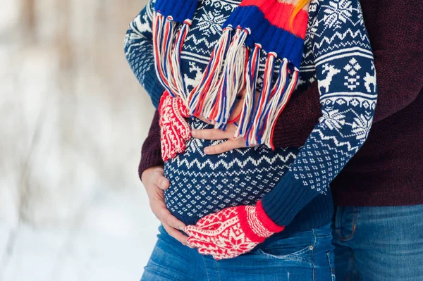 Hermosa Mujer Embarazada Bosque Invierno — Foto de Stock