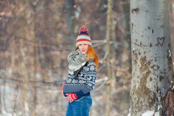 Schöne Schwangere Frau Winterwald — Stockfoto