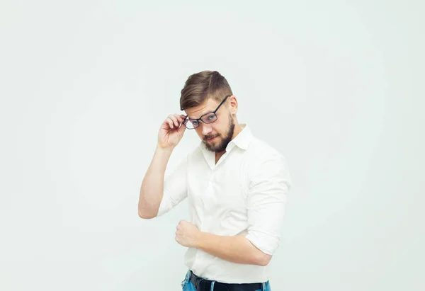 Portrait Young Man Glasses Dressed White Shirt Casual Clothes Gray — Stock Photo, Image