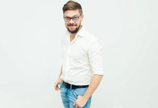 Retrato Joven Con Gafas Vestidas Con Camisa Blanca Ropa Casual —  Fotos de Stock