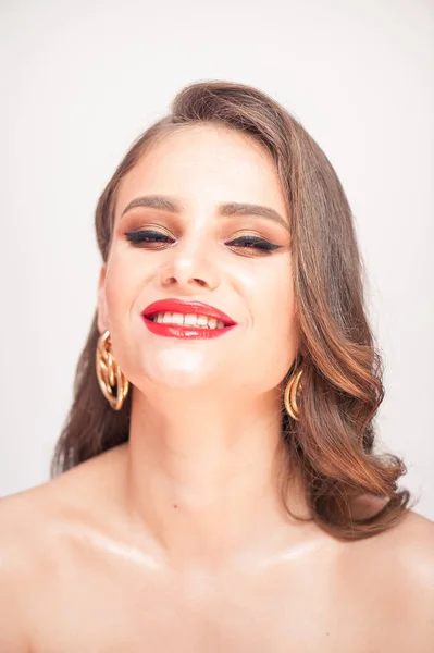 Maquillaje Belleza Mujer Con Cara Hermosa Labios Rosados Acercamiento Del — Foto de Stock