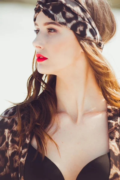 Leopard Print Swimwear Beautiful Young Woman Portrait — Stock Photo, Image