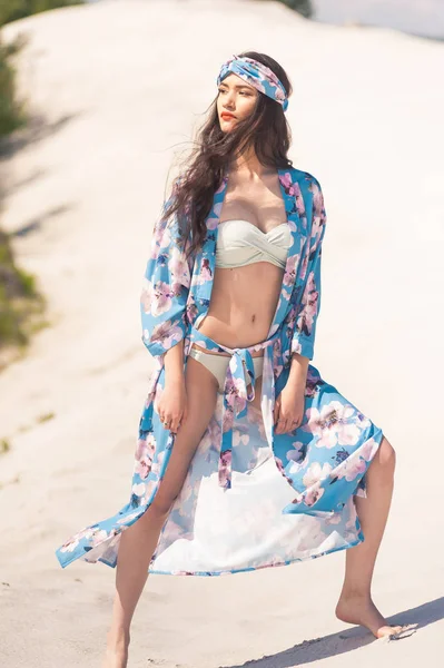 Beautiful Sexy Woman Summer Blue Swimwear Posing Sky — Stock Photo, Image