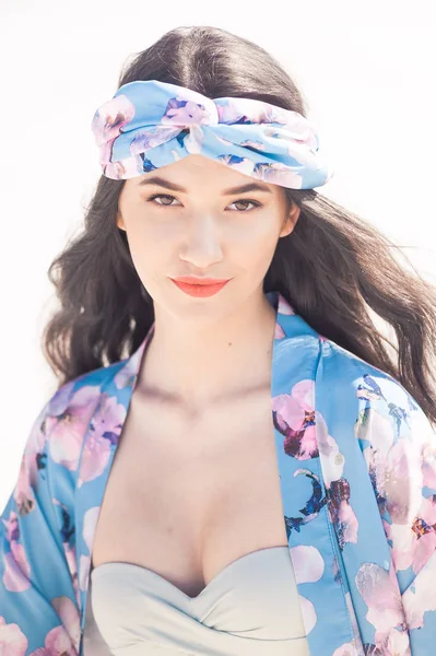 Beautiful Sexy Woman Summer Blue Swimwear Posing Sky — Stock Photo, Image