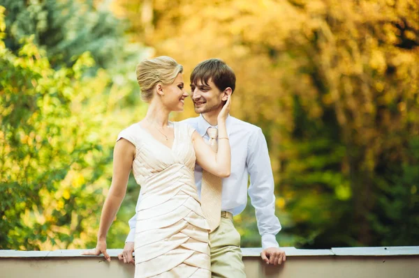 Recém Casados Após Casamento Dia Casamento Caminham Parque — Fotografia de Stock