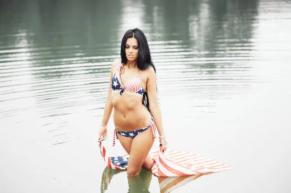 Beautiful Fitness Young Woman Swimsuit American Flag Beach — Stock Photo, Image