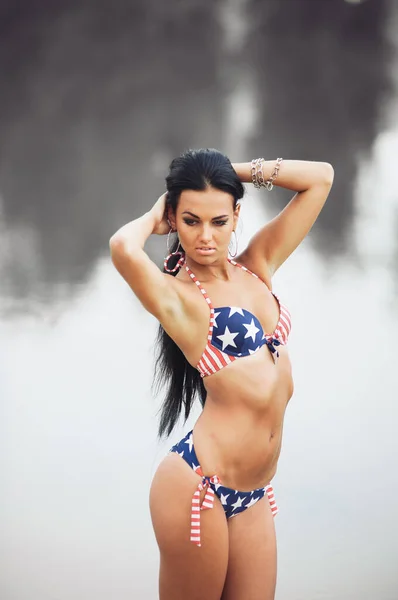 Beautiful Smiling Young Woman American Flag Beach Independence Day — Stock Photo, Image