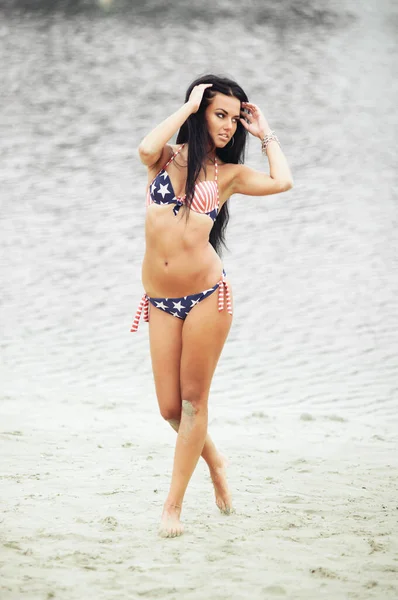 Beautiful Fitness Young Woman Swimsuit American Flag Beach — Stock Photo, Image
