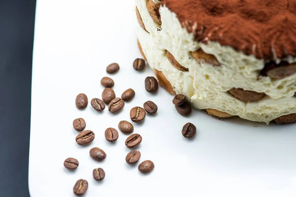 Delicious tiramisu cake on a black background