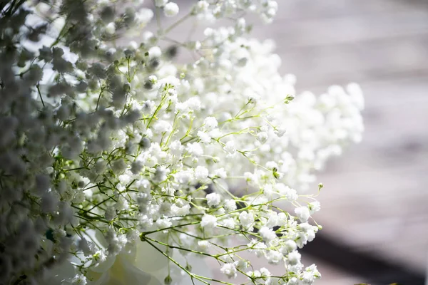 Tahta arka planda beyaz çiçekler, düğün töreni için güzel bir dekor.