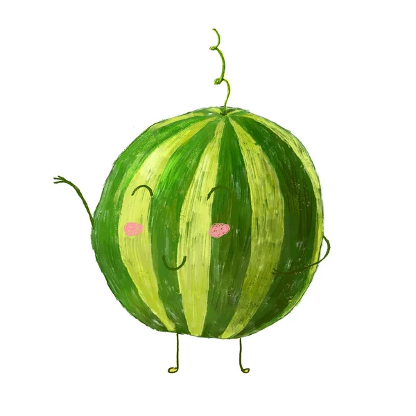 Cute Funny Watermelon Character Standing Waving Cartoon Summer Illustration — Stock Photo, Image