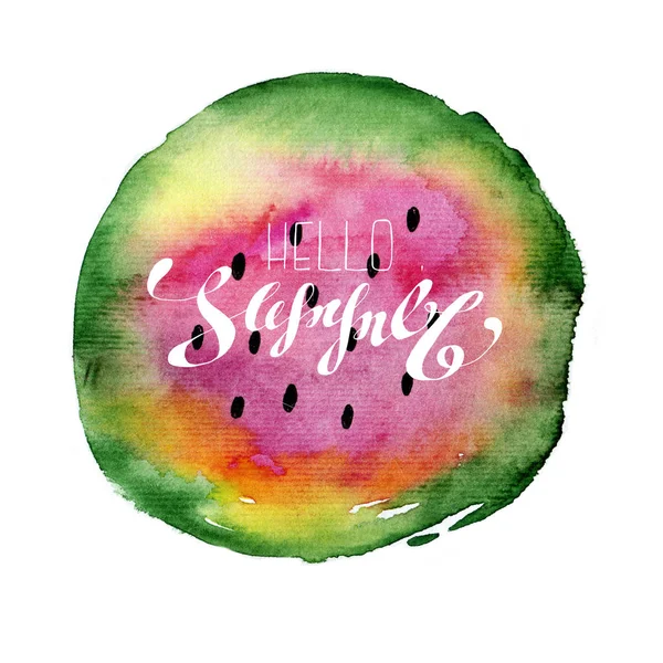 Aquarell Wassermelone Und Schriftzug Hallo Sommer — Stockfoto