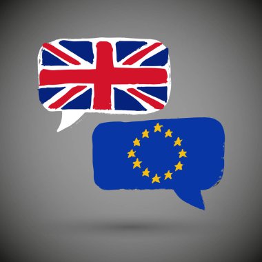 Two message clouds with flags of United Kingdom and European Union respectively. Dialogue between UK and EU. Geopolitics and Brexit concept clipart