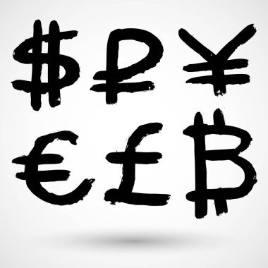 Euro, dolar, Yen, Bitcoin, Rubel, Pound grunge para birimi sembolleri