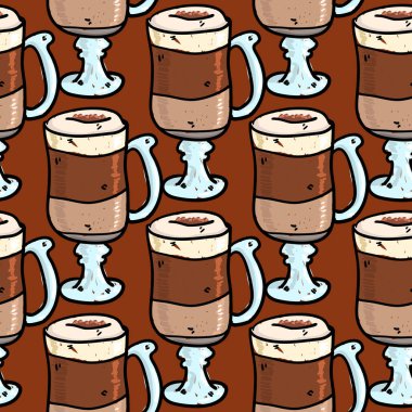 Elle çizilmiş doodle bardak kahve ile Seamless modeli. Çizgi film sabah kahve döşeme deseni.