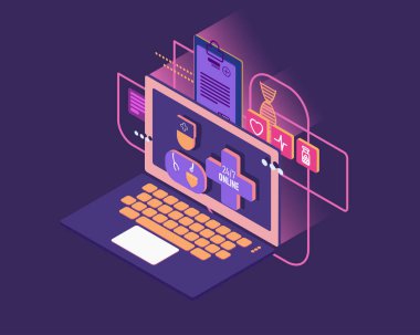 Tablet ve çeşitli ilaç ilaçlar izometrik görüntüleri ile online eczane kavramsal kompozisyon.