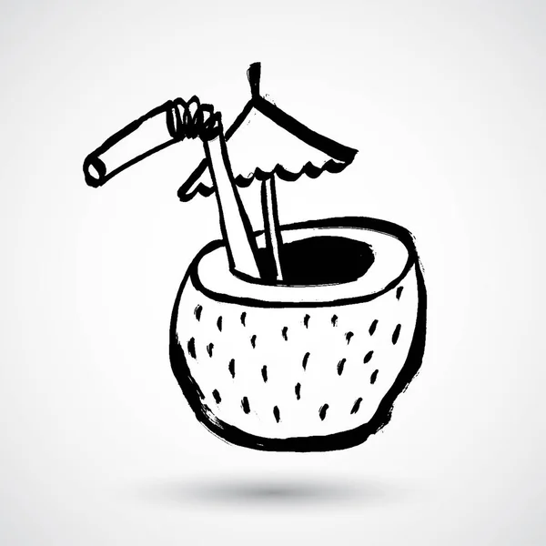 Grunge Kokosnoot Met Het Drinken Van Stro Pictogram — Stockvector