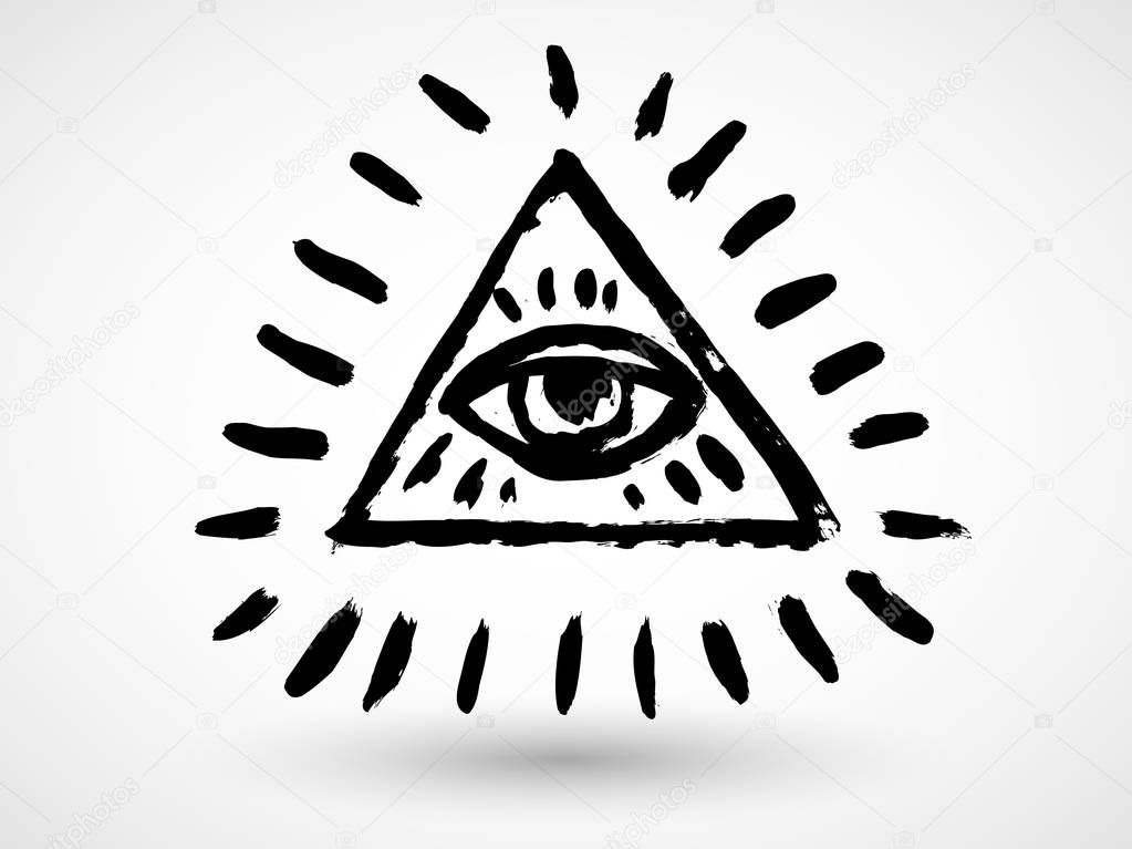 All seeing eye pyramid symbol in engraving tattoo style. 