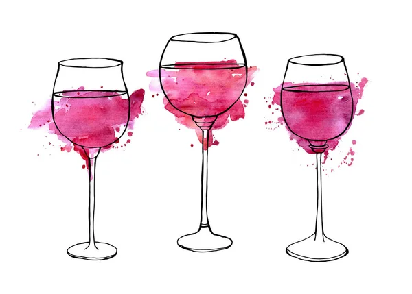 Set of watercolor drawings of wine glasses
