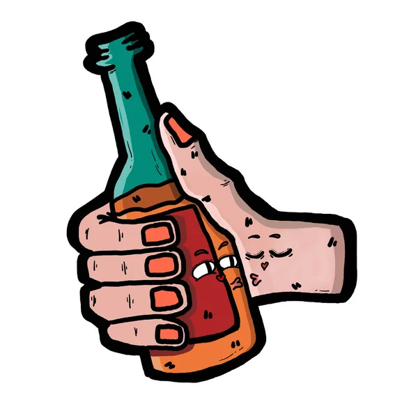 Hand holding bottle beer. Kissing hand and bottle, aloholism concept. Flat design