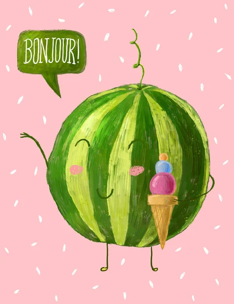 Cute and funny watermelon character eating ice-cream and saying Bonjour, cartoon summer illustration. — Stock Image Cute Funny Watermelon Character Eating Ice Cream Saying Bonjour Cartoon Stock Image