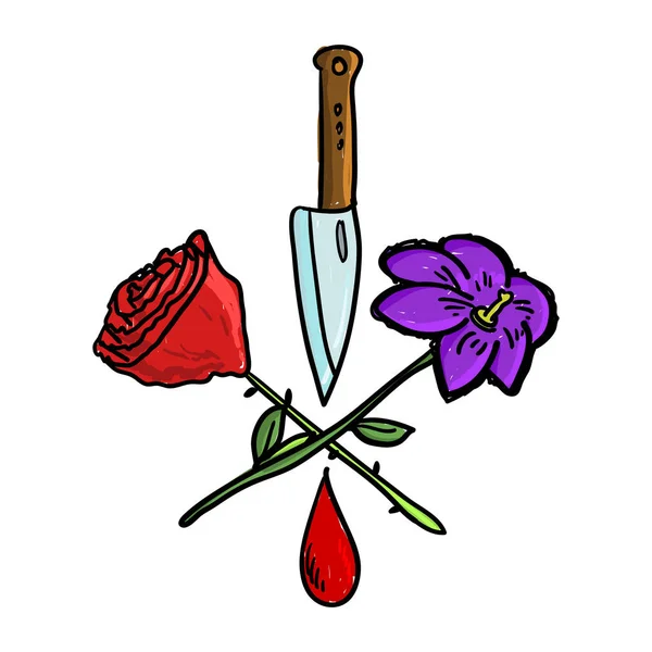 Doodle Rose Violet Flower Knife — Stock Vector