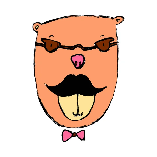 Lustiger Kleiner Bär Mit Schnurrbart Und Brille Vector Cartoon Doodle — Stockvektor