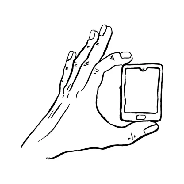 Иллюстрационный Вектор Рисует Рисунок Левой Руки Человека Помощью Маленького Смартфона — стоковый вектор