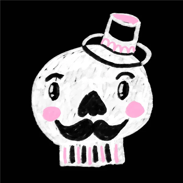 Caveira Desenho Animado Doodle Com Bigodes Usando Chapéu Superior Ícone —  Vetores de Stock