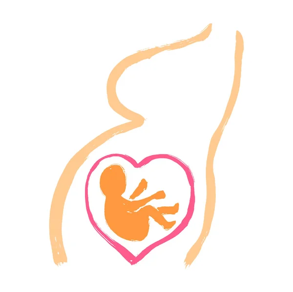 Human unborn baby fetus on mom belly womb. Cute grunge hand-drawn illustration. Cartoon doodle style. Colorful illustration. — Stock Illustration Human Unborn Baby Fetus Mom Belly Womb Cute Grunge Hand Stock Vector