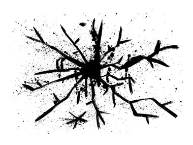 Suç çemberi, beyaz zeminde izole edilmiş kristal camı kırdı. Kağıt üzerine karalama retro grafik fırçasıyla çizilmiş siyah mürekkep el çizimi. Grunge el çizimi kirli su sıçratma stili.