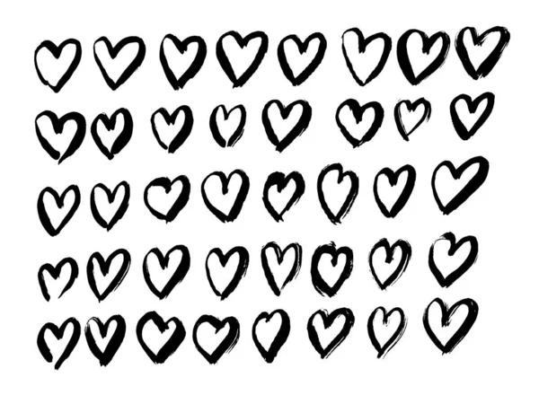 ブラックハート型のグランジブラシセット グリーティングカード用ベクトル手描き線ハートイラスト バレンタインデー用ハートアイコンテンプレート 結婚式用 — ストックベクタ