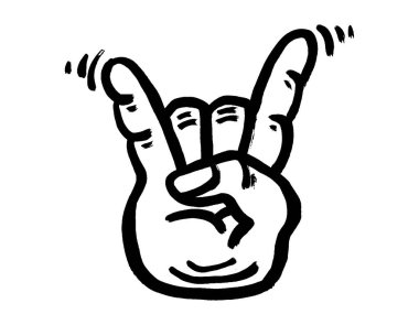 Keçi taşı sembolü, el hareketi. Harika, parti, saygı, iletişim Rock 'n Roll ikonu. Çizgi karalaması elle çizilmiş vektör çizimi. El sallıyor. Rock festivali için resim, rozet, poster.