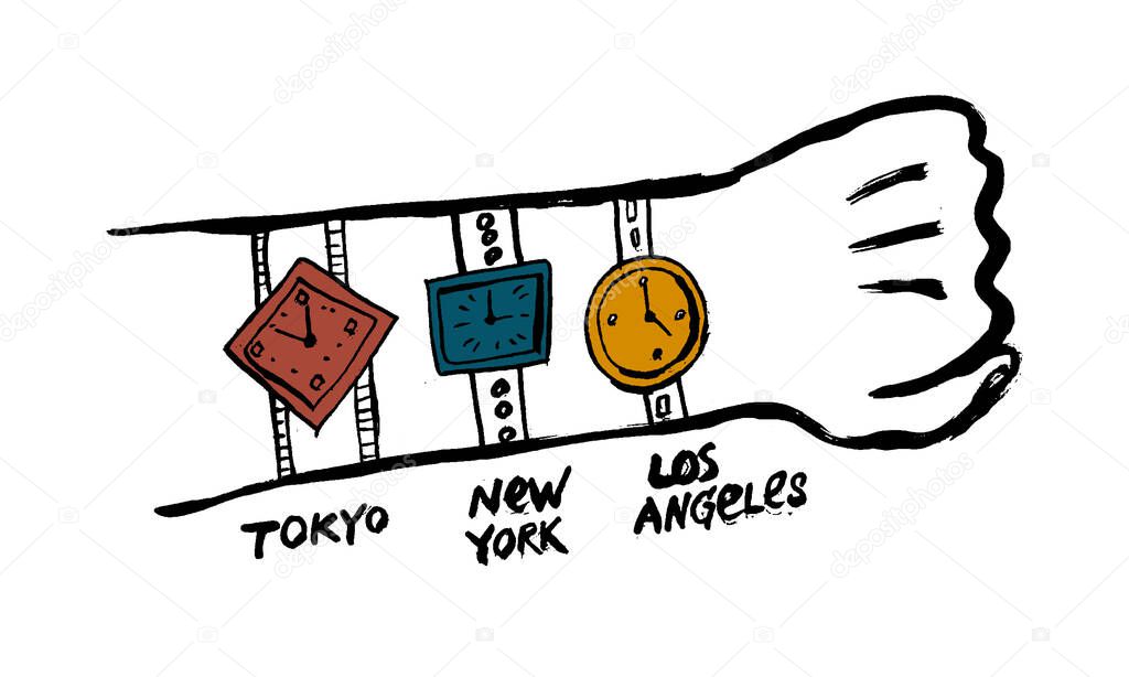 Vector flat hand-drawn doodle grunge world time illustration. World clock, time difference in major cities. Hand with watches with different time zones.