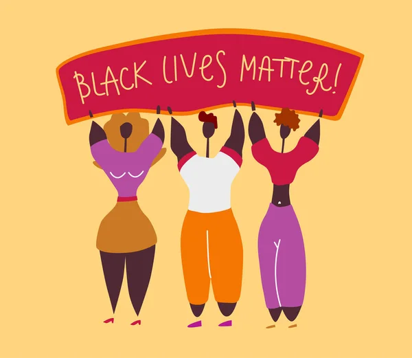 アメリカの黒人女性と男性の抗議者のキャラクター 黒人の正義だ 警察における人種差別に反対する 黒は物質の旗だ ベクトルドア漫画カラフルなイラスト — ストックベクタ